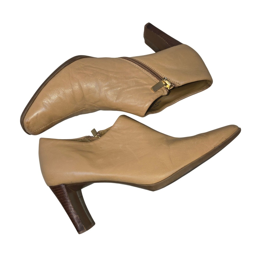 Liz Claiborne Tan Leather Ankle Booties Women's Size 7.5M Side Zip Chunky Heel